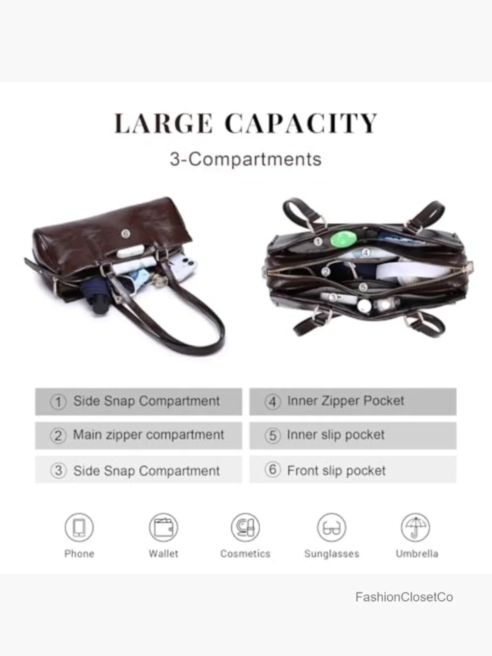 Vegan Leather Hobo Bag with 3 Compartments and 6 Pockets